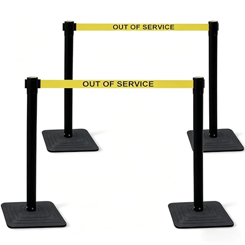 OrangeStar Crowd Control Stanchions with 9Ft Retractable Belt, Heavy Duty Stanchion Set with Rubber Base, Black Out of Service Queue Barrier for Bank, Hotel, Retail, Event, 4 Pack - color: Yellow-OUT OF SERVICE
