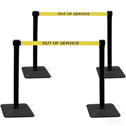 OrangeStar Crowd Control Stanchions with 9Ft Retractable Belt, Heavy Duty Stanchion Set with Rubber Base, Black Out of Service Queue Barrier for Bank, Hotel, Retail, Event, 4 Pack - color: Yellow-OUT OF SERVICE