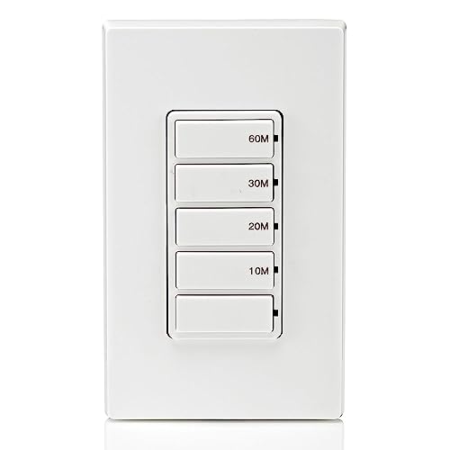Leviton Countdown Timer Switch for bathroom fan and household lights, 10-20-30-60 min, No Neutral Required, Single Pole, 15A, 1/2HP/9.8A Fan/Motor, DT160-1LW, White - size: 15-Amp, style: 10-20-30-60 min, No Neutral Required