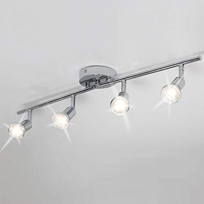 Qcyuui Modern 4-Light Track Lighting Kit, Flush Mount Wall/Ceiling Spot Lights Fixture, LED Track Lighting with Chrome Rotatable Light Head for Kitchen Living Room, 4×GU10 Bulb (Included) - color: Chrome