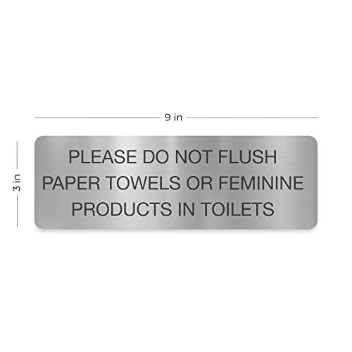Please Do Not Flush Paper Towels Or Feminine Products In Toilets/Black On Silver 3" x 9" Bathroom Wall Sign/Public Business Restroom Sign/Made In The USA - color: Silver, style: Toilets