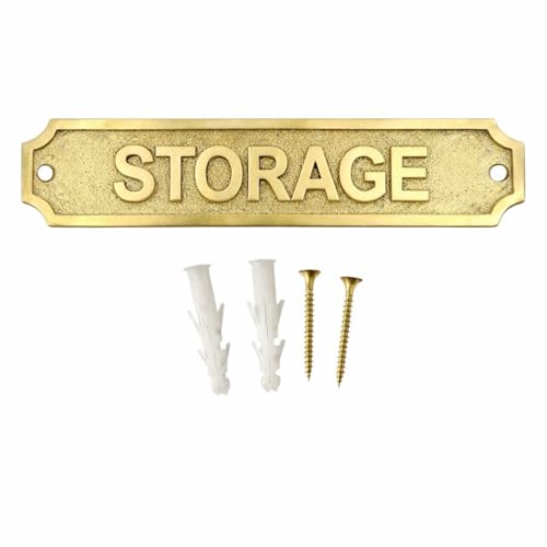 Brass STORAGE Door Sign Plaque 22x5 cm Wall Mounted Name Plate with Screws for Home Office Room Label Cabinet Door Signage Storage Area Identifier Indoor Outdoor Use - color: STORAGE