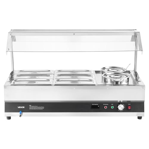 VEVOR Electric Soup Warmer, Two 6.34QT Pots & Six 1/3 Pans, Stainless Steel Commercial Food Warmer with 86~185°F Adjustable Temp, 1500W Bain Marie with Cover, Soup Station for Restaurant, Buffet - size: 2×6L Pots and 6×1/3 Pans