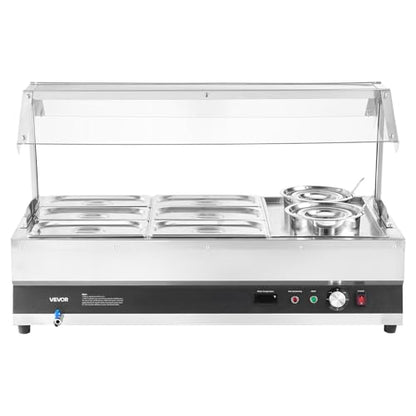 VEVOR Electric Soup Warmer, Two 6.34QT Pots & Six 1/3 Pans, Stainless Steel Commercial Food Warmer with 86~185°F Adjustable Temp, 1500W Bain Marie with Cover, Soup Station for Restaurant, Buffet - size: 2×6L Pots and 6×1/3 Pans