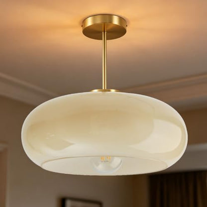 Gold Brass Semi Flush Mount Ceiling Light 15.7″-Milk Yellow Glass - color: 15.7″-Milk Yellow