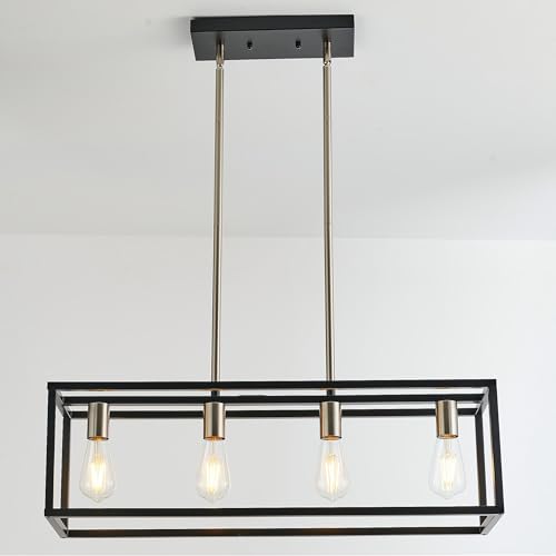 Black&Brushed Nickel Kitchen Light Fixtures Farmhouse Rectangle Chandeliers Dining Room Light for Dining Rooms, Light Fixture Matte 4-Light Industrial Pendant Lighting - color: Black & Brushed Nickel, size: 4 Lights