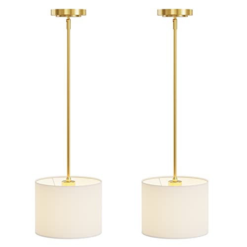 Electro bp;9" Dia White Linen Drum Shade Hanging Pendant Light Fixture with Polished Gold Pole Kit,E26,Hardwired,2-Pack; - color: Gold 2-Pack Pendant