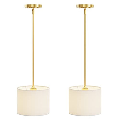 Electro bp;9" Dia White Linen Drum Shade Hanging Pendant Light Fixture with Polished Gold Pole Kit,E26,Hardwired,2-Pack; - color: Gold 2-Pack Pendant
