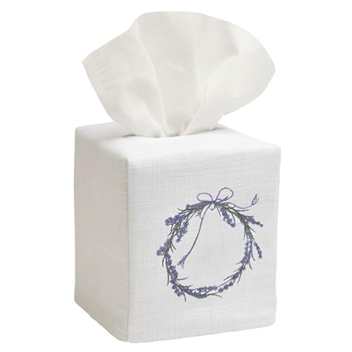 Jacaranda Living Square Tissue Box Cover, Linen/Cotton Fabric Tissue Holder, Decorative Cloth Tissue Cube Cover, Botanical Designs, Lavender Wreath - color: Lavender Wreath
