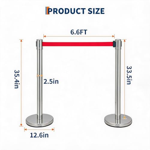 Crowd Control Barriers 2 Pack, 2 Stanchions with 2 Retractable Belts - color: Silver + Red, size: 2 Stanchions + 2 Belt