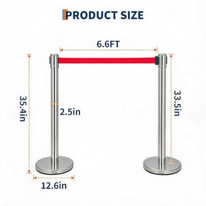 Crowd Control Barriers 2 Pack, 2 Stanchions with 2 Retractable Belts - color: Silver + Red, size: 2 Stanchions + 2 Belt