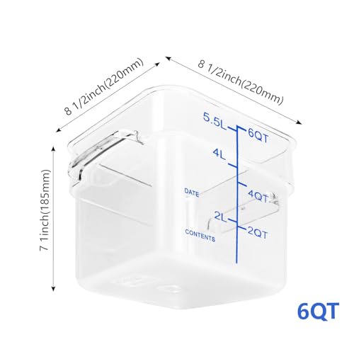 4 Pack Food Storage Containers with Blue Lids, 6.0 Qt - Square, Clear, Polycarbonate, for Restaurant Commercial Kitchen and Home party - color: 6.0 Qt-Blue Lids