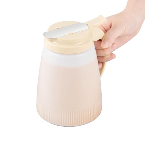 Restaurantware-Chef 101 48 Ounce All Purpose Syrup Dispenser, 1 Honey Dispenser - Beige Top, Stainless Steel Slide Cover, Plastic Pancake Syrup Bottle, Perfect For Diners, Restaurants, Home - color: Beige, size: 48 Ounces, style: 1 Count