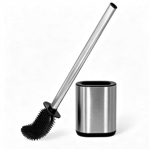 Sineng Silicone Toilet Brush and Holder Set, Stainless Steel Toilet Bowl Cleaner Brush, One-Piece Long Handle, Flexible Compact Modern RV Toilet Bowl Brush for Bathroom - color: Stainless Steel