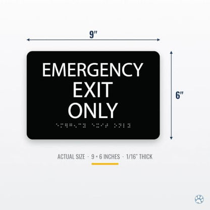 Alpha Dog Emergency Exit Only Sign, 6x9 ADA Braille Sign, Black - color: Black, size: Emergency Exit Only
