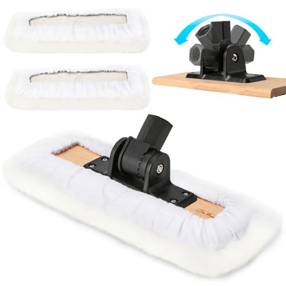 4 Pack 10 Inch Lambswool Applicator Kit, 180° Adjustable Lambskin Deck Stain Applicator, 100% Natural Lambswool Pads for Wood Deck, Fence, Floor Finish, Wax Staining, Polyurethane Application