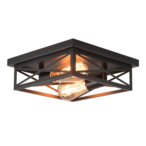 Black Flush Mount Ceiling Light,Hallway Light Ceiling Mount,Industrial Vintage Metal Cage Close to Ceiling Lights for Kitchen,Farmhouse,Bedroom - color: Square ceiling light, size: 1 PACK