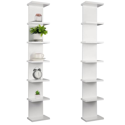 2 Pack 7 Tier Wall Shelf Unit - Lack Floating Shelf, Compact Display Floating Shelf, Vertical Column Wall Decor Mount Floating Storage Organizer Tall Tower Shelf for Bedrooms, Living Rooms(White)