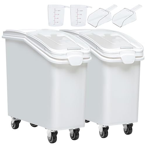 YITAHOME Commercial Rice Container Set of 2, Large Ingredient Storage Bin with Wheels, Lid, Cups & Scoop for Kitchen/Restaurant, 21 & 27 Gallon Bulk Flour Bin, White