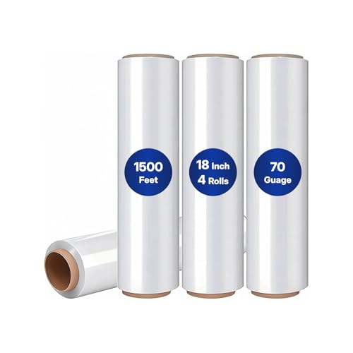 NorthSky Plastic Wrap Stretch Film - Industrial Strength up to 700% Stretch 20 Microns Clear Durable Adhering Packing Moving Heavy Duty Shrink Film Box of 4 (70 Gauge, 18'' x 1500’) - size: 18'' x 1500', style: 70 Gauge