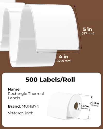 MUNBYN 4x5 Thermal Labels, 500 Sheets/1 Roll, White - color: White, size: 4x5"