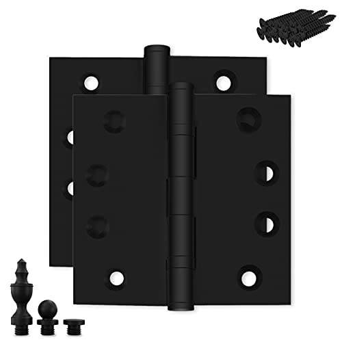 Black Heavy Duty Door Hinge Matte Black Ball Bearing 4x4 Inch Heavy Duty with Decorative Screw-on Tips Included - Set of 2 Solid Brass Matte Black Door Hinges (Flat Black) - color: Flat Black