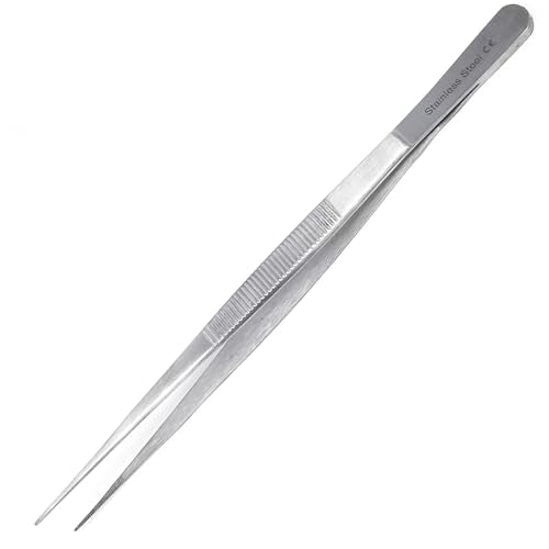 Professional Culinary Stainless Steel Precision Tongs with Serrated Tips, Plating/Food Presentation Detailing Serving Tongs, Chef's Kitchen Tweezer Tongs - Ultra Non-Slip Grip (12" STR Slim) - size: 12" Straight Slim