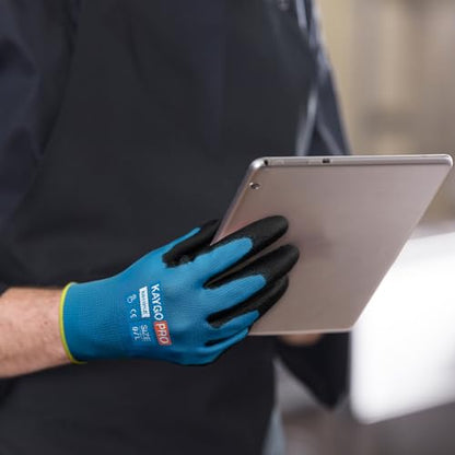 KAYGO Safety Work Gloves, PU Coated, 2-Finger Touchscreen, KG11P - color: Blue (Touch Screen), size: Large