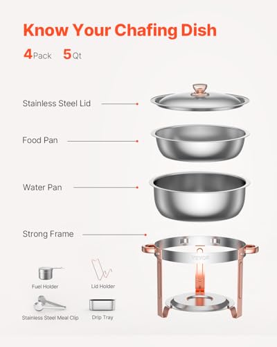 VEVOR Chafing Dish Buffet Set, 5 Qt 4 Pack, Stainless Steel Chafer with 4 Full Size Pans, Round Catering Warmer Server with Lid Water Pan Folding Stand Clip, for Weddings Parties Banquets, Rose Gold - size: 4packs Rose Gold