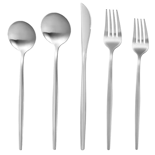 MIKIWAY 60-Piece Silverware Set for 12, Stainless Steel Flatware, Matte Cutlery Tableware, Kitchen Utensils Include Spoons and Forks, Satin Polished, Dishwasher Safe - color: Silver