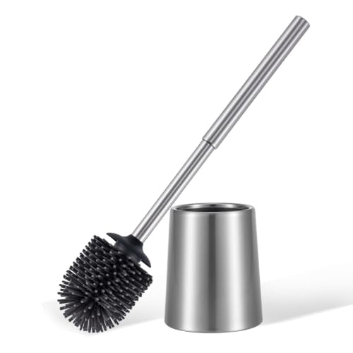 SUS304 Stainless Steel Toilet Brush and Holder Toilet Brush Bowl Cleaning Brush Double Layer Holder Long Brush Handle High Density Silicone Head