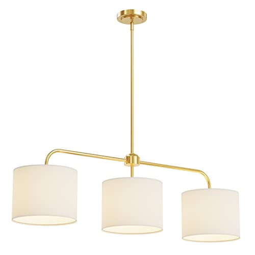 Electro bp 3-Light White Linen Drum Shade Chandelier with Polished Gold Metal Linear Pendant Light Fixture for Kitchen Island, Dining Table, E26, 180W - color: Gold 3-Light Linear