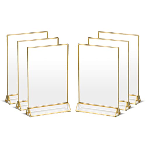 UNIQOOO Acrylic Sign Holders with Golden Border, Portrait View, Pack of 6 | 4x6 Inches Double Sided Clear Frame, Perfect for Wedding reception, Centerpiece, Decoration, Party,Anniversary, Event - size: 4x6",6Pack
