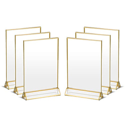 UNIQOOO Acrylic Sign Holders with Golden Border, Portrait View, Pack of 6 | 4x6 Inches Double Sided Clear Frame, Perfect for Wedding reception, Centerpiece, Decoration, Party,Anniversary, Event - size: 4x6",6Pack
