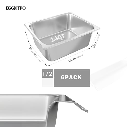 EGGKITPO 6-Pack Steam Table Pan Half Size 6 Inch Hotel Pan, Stainless Steel Metal Food Pan for Restaurant Food Container Warming Pans for Daily Use and Commercial - size: 1/2 6" deep without lid