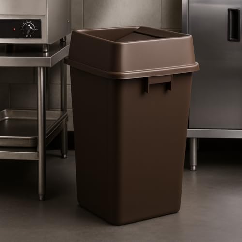 1 Pack Brown 19 Gallon Square Commercial Trash Can with Lid, Heavy Duty Plastic Waste Bin with Venting Channels and Built-in Handles - color: Brown, size: 19 Gallon