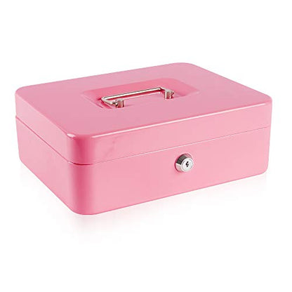 KYODOLED Large Metal Cash Box with Money Tray and Lock,Money Box with Cash Tray,Cash Drawer,9.84"x 7.87"x 3.54" Pink Large - color: Pink-1PACK, size: Large