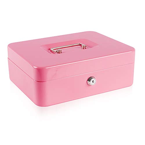 KYODOLED Large Metal Cash Box with Money Tray and Lock,Money Box with Cash Tray,Cash Drawer,9.84"x 7.87"x 3.54" Pink Large - color: Pink-1PACK, size: Large