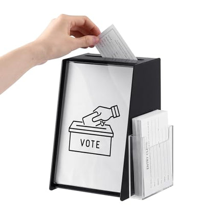Black Acrylic Ballot Box with 5.5” x 8.5” Sign Holder and Brochure Pocket Donation Suggestion Ballot Box with Lock for Countertop Trade Shows, Card Collector Weddings & Events