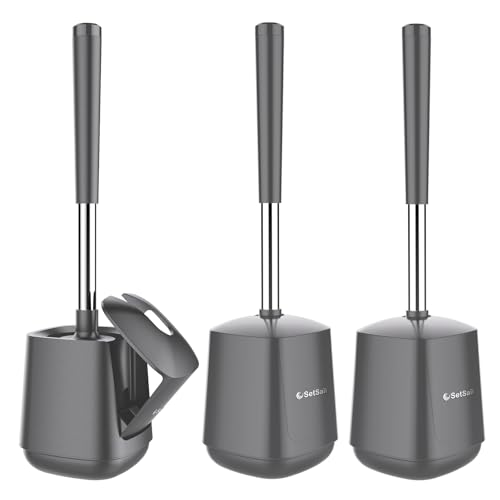 SetSail Toilet Brush and Holder 3 Pack, Self Closing Lid Toilet Bowl Brushes Holder Extra Long Handle Ventilated Toilet Brush Set for Bathroom Cleaning, Nylon Bristles, Grey - color: Gray, size: 3 packs