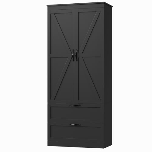 HOSTACK 70" Kitchen Pantry Storage Cabinet, Farmhouse Pantry Cabinet, Black - color: Black
