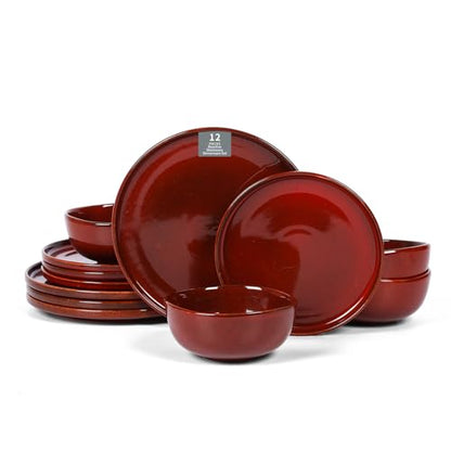 Vicrays Ceramic 12 Pieces Dinnerware Set - Dinner Plates Salad Plates Cereal Bowls Set Service for 4 - Scratch Resistant Microwave Oven Dishwasher Safe - Cherry Red - color: Cherry Red