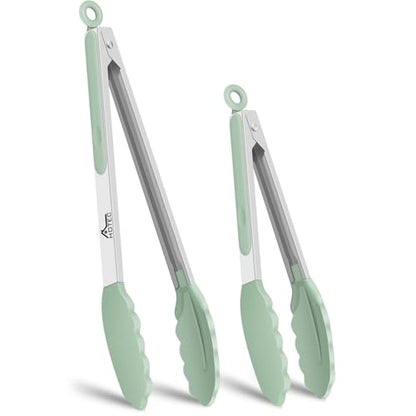 HOTEC Stainless Steel Kitchen Tongs with Silicone Tips, Set of 2-7" and 9" - color: Light Green:9+7inch