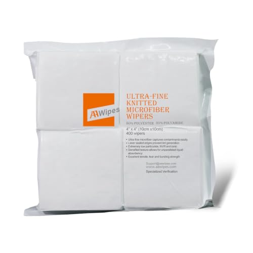AAwipes Cleanroom Microfiber Wipes 4"x4" Knitted Superfine (400 Counts/Bag, 180gsm, Polyester-Polyamide, #MF18004) High-End Lint Free Cloths for Fiber Optics, Laser Sealed Edge, Class 100 Cloths - size: 4"X4" 400 Wipes