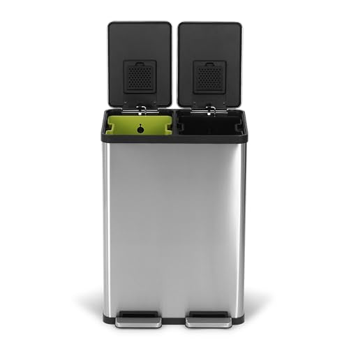 SIMPLI-MAGIC 60 Liter / 16 Gallon Rectangular Hands-Free Dual Compartment Recycling Kitchen Step Trash Can with Soft-Close Lid, Brushed Stainless Steel - color: Brushed Stainless Steel