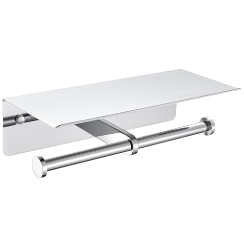 APLusee Polished Chrome Double Toilet Paper Holder with Shelf, Wall Mounted - color: Polished Chrome, size: Double Rod