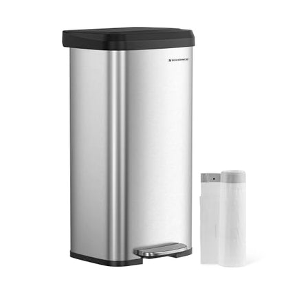 SONGMICS Kitchen Trash Can, 18-Gallon Stainless Steel Garbage Can, with Stay-Open Lid and Step-on Pedal, Soft Closure, Tall, Large and Space-Saving, Silver and Black ULTB520E68 - color: Silver + Black, style: 18 Gallons