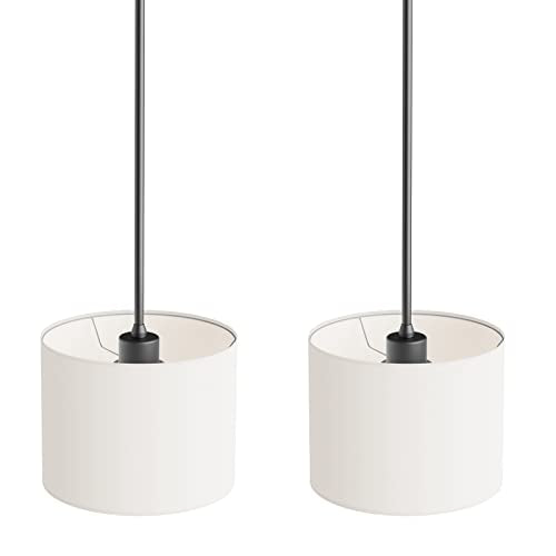 Electro bp;9" Dia White Linen Drum Shade Hanging Pendant Light Fixture with Black Pole Kit,E26,Hardwired,2-Pack; - color: Black 2-Pack Pendant