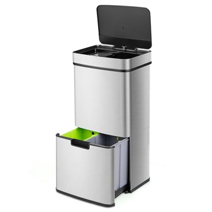 Goplus 19 Gal Motion Sensor Trash Can, 72 L Volume in 4 Containers, Touchless Trash Bin w/Kitchen Waste Bin & 2 Bottom Recycling Bins, Stainless Steel Garbage Can w/Soft Close Lid, Battery Operated - color: Silver, size: 19 Gallon
