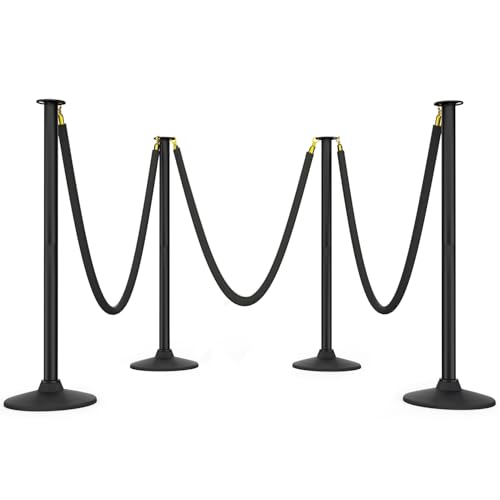 BATTIFE 4 Pack Plastic Stanchion Posts, 3 Black Velvet Ropes, Crowd Control - color: Black, size: 33.8inch